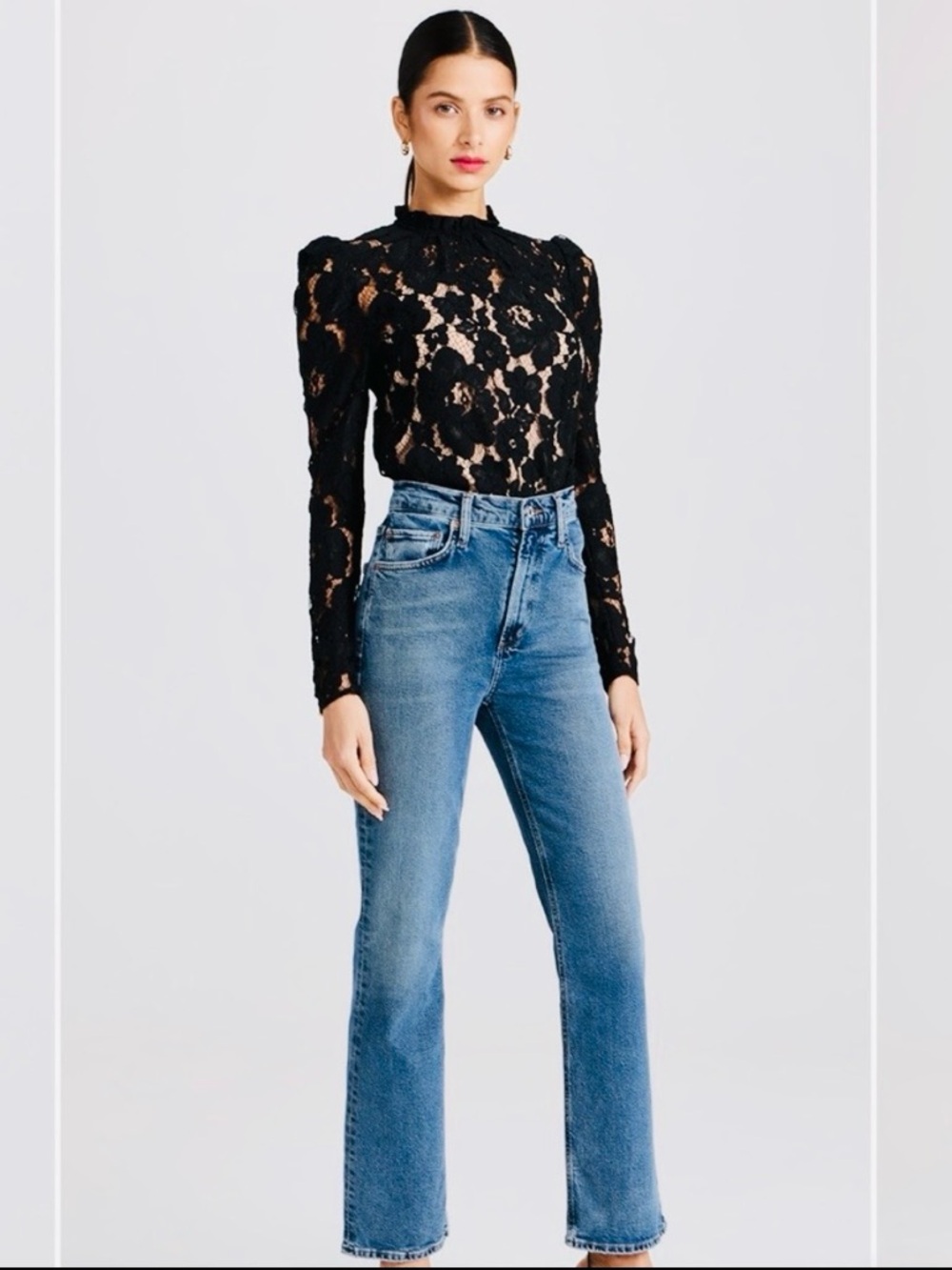 Wayf Emma Black Lace Puff Sleeve Long Sleeve Lace Blouse NWOT